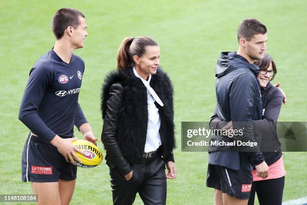 Jack Silvagni of the Blues is seen with his mum Jo Silvagni during a Carlton Blues AFL media opportunity at Ikon Park on May 10, 2019 in Melbourne,...