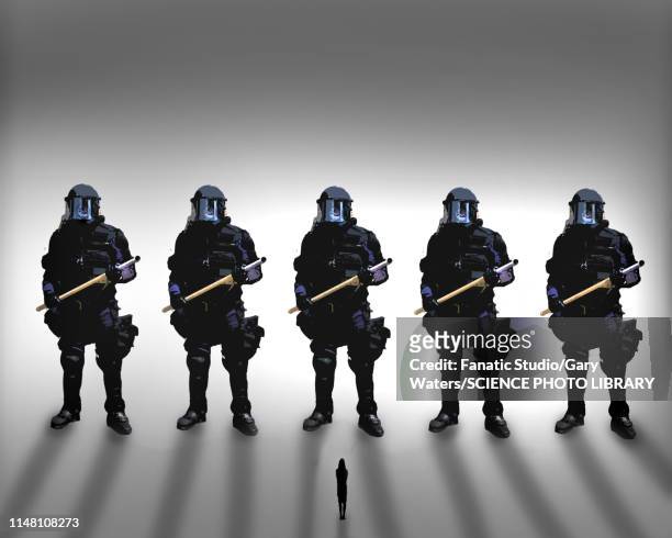 illustrations, cliparts, dessins animés et icônes de disproportionate police force, conceptual illustration - police force