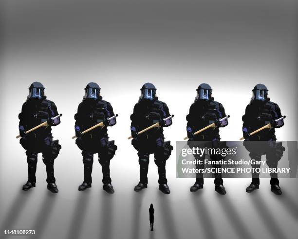 disproportionate police force, conceptual illustration - army stock illustrations