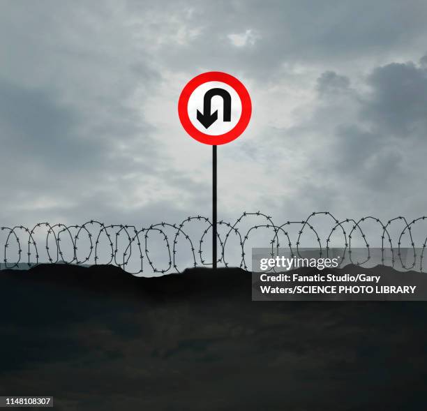 stockillustraties, clipart, cartoons en iconen met u-turn sign at border, illustration - refugees