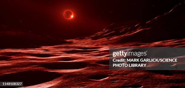 lunar landscape during eclipse, illustration - meteor crater stock illustrations