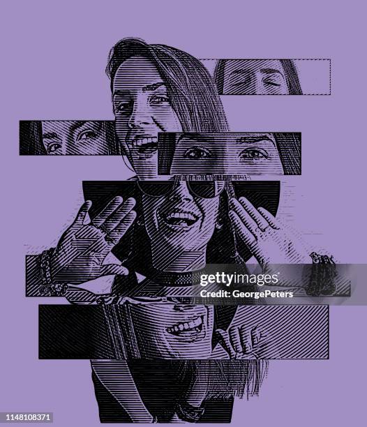 multiple exposure of a cheerful woman with positive emotions - dental composite stock illustrations