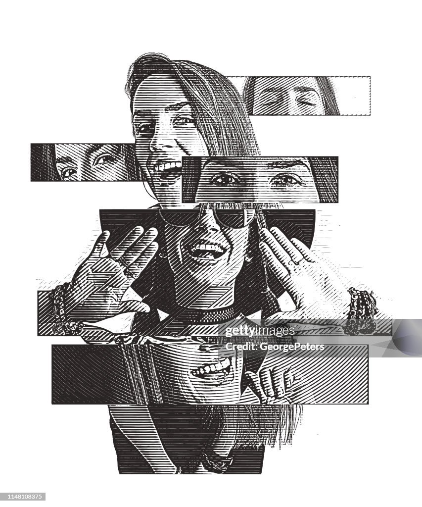 Multiple exposure of a cheerful woman with positive emotions