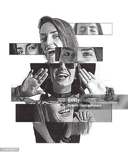 multiple exposure of a cheerful woman with positive emotions - image montage stock illustrations