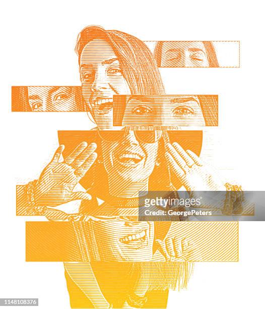 multiple exposure of a cheerful woman with positive emotions - human eye stock illustrations