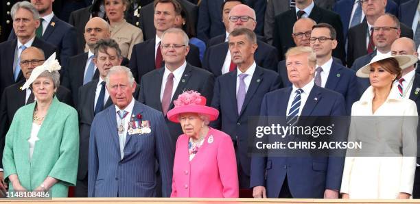 Britain's Prime Minister Theresa May, Britain's Prince Charles, Prince of Wales, Britain's Queen Elizabeth II, US President Donald Trump and US First...