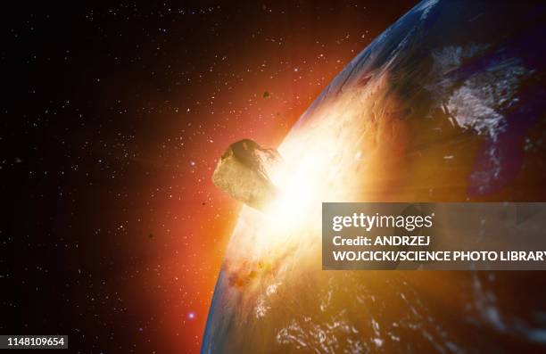 ilustraciones, imágenes clip art, dibujos animados e iconos de stock de huge asteroid impacting earth, illustration - fin