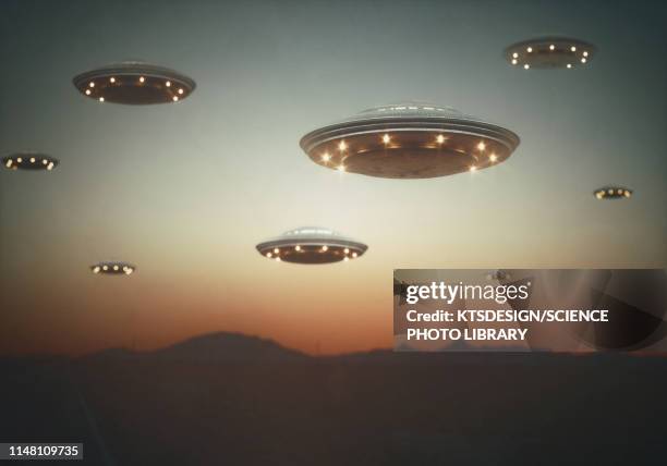 alien invasion, illustration - ufo stock-fotos und bilder