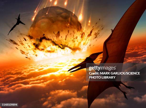 ilustraciones, imágenes clip art, dibujos animados e iconos de stock de asteroid approaching earth's surface, illustration - dinosaure