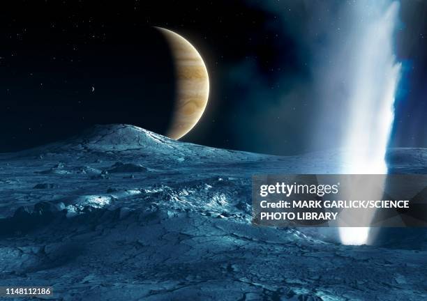 geyser on europa, illustration - jupiter stock-fotos und bilder