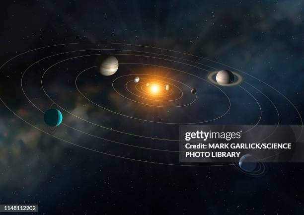 orbits of planets in the solar system, illustration - asteroidengürtel stock-grafiken, -clipart, -cartoons und -symbole