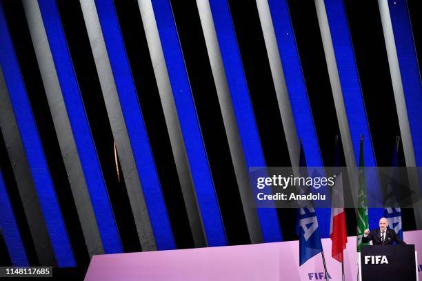 President Gianni Infantino addresses the congress during the 69th FIFA Congress at the Paris Expo Porte de Versailles in Paris, France on June 05,...