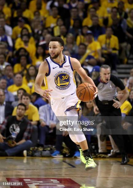 Stephen Curry of the Golden State Warriors in action against the Houston Rockets during Game Five of the Western Conference Semifinals of the 2019...