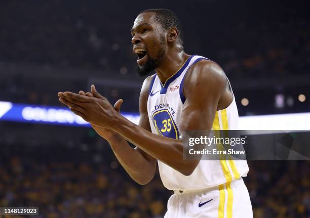 Kevin Durant of the Golden State Warriors reacts during their game against the Houston Rockets in Game Five of the Western Conference Semifinals of...