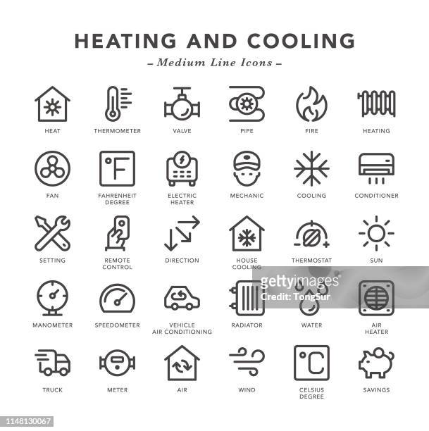 heating and cooling - medium line icons - radiator heater stock illustrations