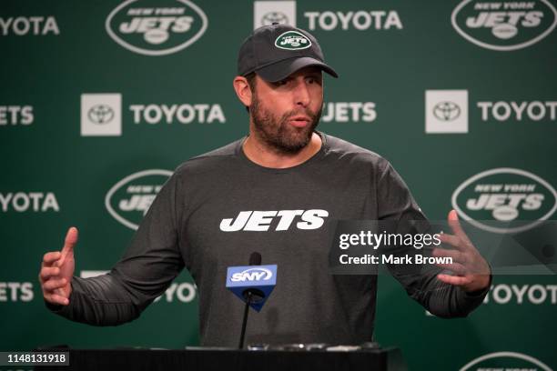 Head coach Adam Gase of the New York Jets speaks with the media before day two of mandatory minicamp at the Atlantic Health Jets Training Center on...