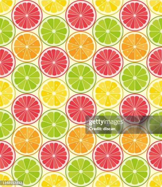illustrations, cliparts, dessins animés et icônes de motif sans soudure vectoriel à partir de tranches d’agrumes. orange, citron, lime, tranches de pamplemousse. fond d’été. - lemon pattern