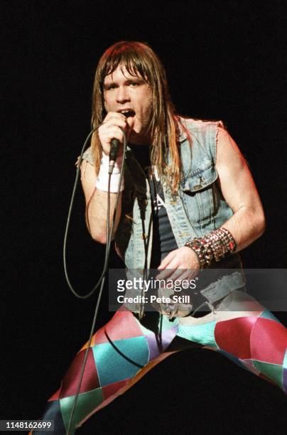Bruce Dickinson of Iron Maiden performs on stage at Hammersmith Odeon on May 26th, 1983 in London, England.