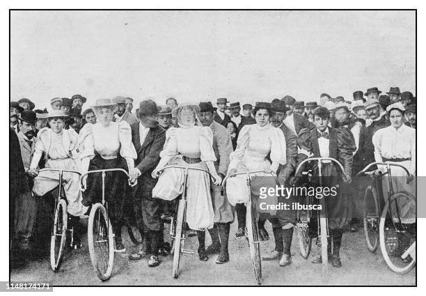 antique photo: bicycle women - history stock illustrations