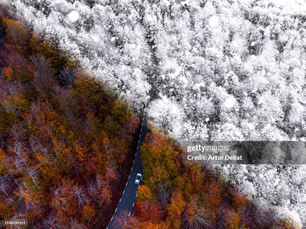 Drone picture comparison with autumn and winter season in a beautiful mountain road between forest.