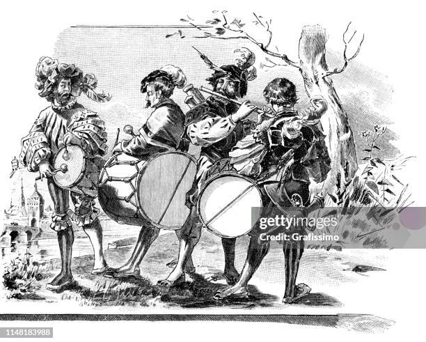 german musicians and nobleman with different costumes from 1570 - music history stock illustrations