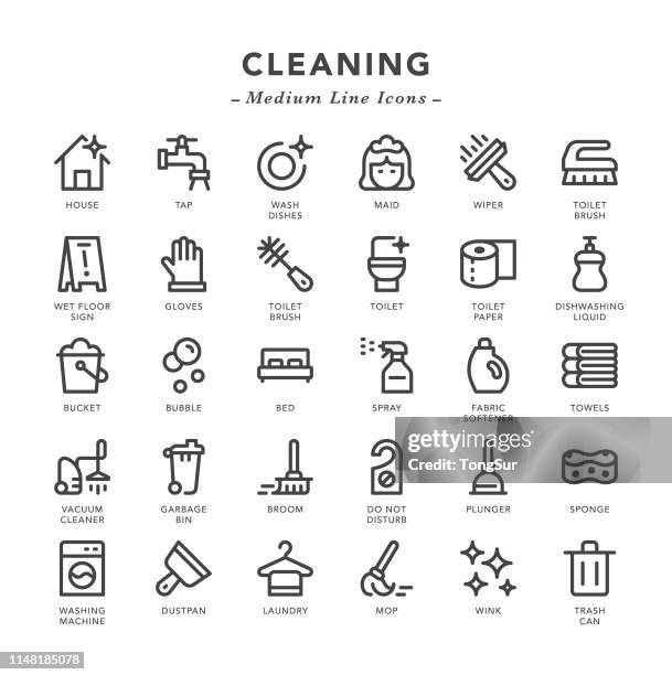 ilustraciones, imágenes clip art, dibujos animados e iconos de stock de limpieza-iconos de línea media - dustpan and brush