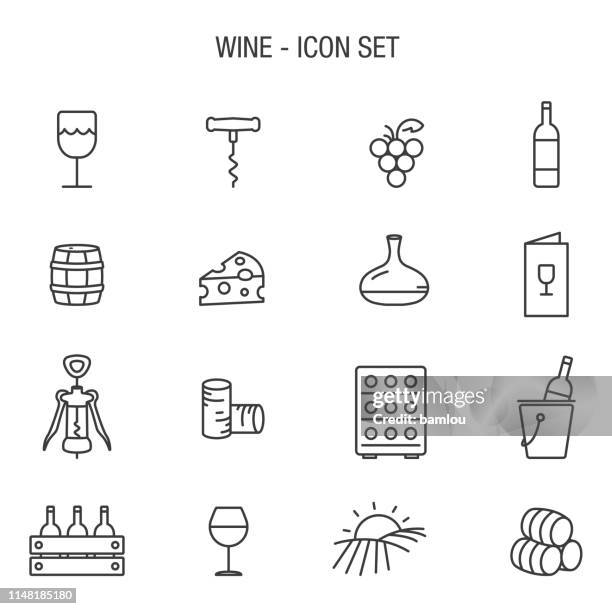 wine icon set outline grey basic - distillation stock-grafiken, -clipart, -cartoons und -symbole