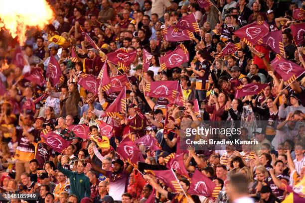 Broncos fans show their support during the round nine NRL match between the Sea Eagles and Broncos at Suncorp Stadium on May 10, 2019 in Brisbane,...