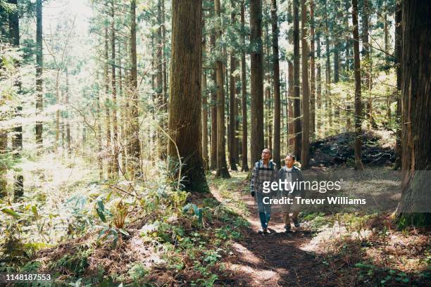 Two senior men hiking together in a forest