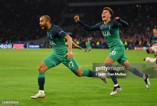 Lucas Moura of Tottenham Hotspur celebrates after scoring his team's third goal during the UEFA Champions League Semi Final second leg match between...