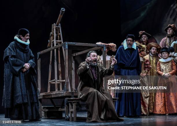 French actor Herve Pierre performs during a dress rehearsal of "The Life of Galilee" by German playwright Bertolt Brecht, directed by French director...