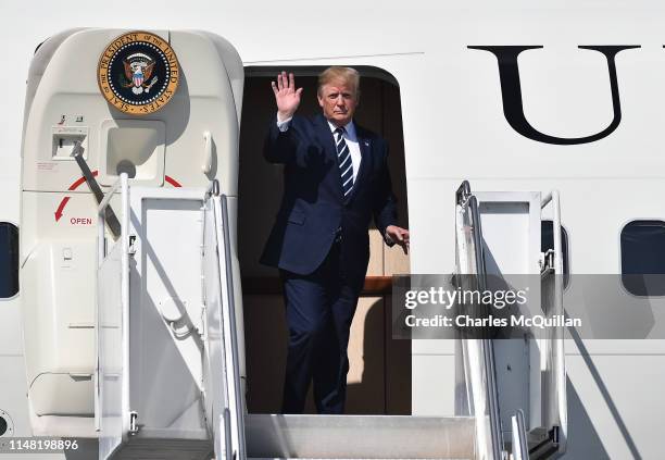 President Donald Trump exits Air Force One after touching down at Shannon airport on June 5, 2019 in Shannon, Ireland. President Trump will use his...