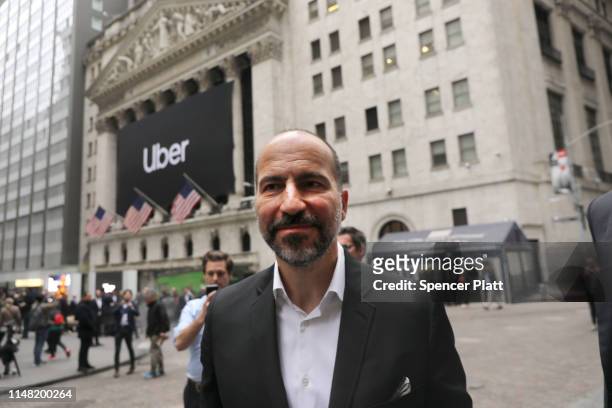 Uber CEO Dara Khosrowshahi walks outside of the New York Stock Exchange before ringing the Opening Bell at the NYSE as the ride-hailing company Uber...