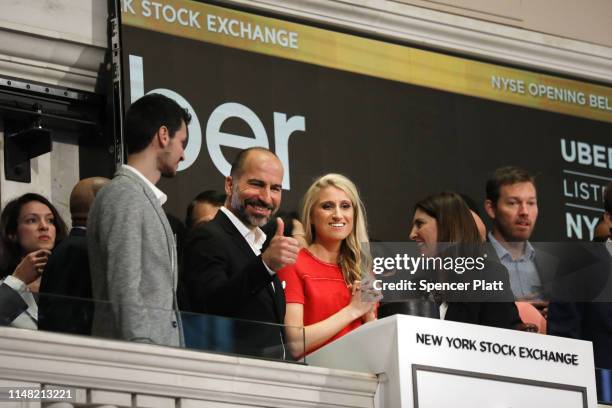 Uber CEO Dara Khosrowshahi joins other employees in ringing the Opening Bell at the New York Stock Exchange as the ride-hailing company Uber makes...