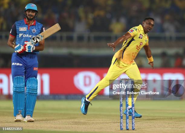 Dwayne Bravo of the Chennai Super Kings celebrates taking the wicket of Axar Patel of the Delhi Capitals during the Indian Premier League IPL...