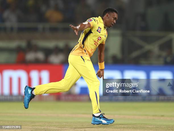Dwayne Bravo of the Chennai Super Kings celebrates taking the wicket of Axar Patel of the Delhi Capitals during the Indian Premier League IPL...