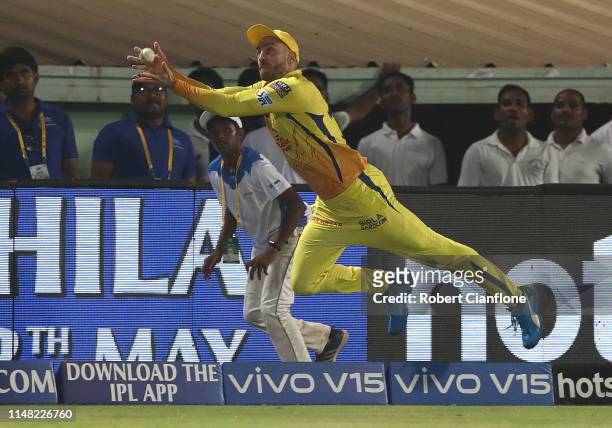 Faf Du Plessis of the Chennai Super Kings attempts to take a catch during the Indian Premier League IPL Qualifier Final match between the Delhi...