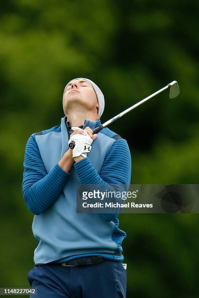 Jordan Spieth of the United States reacts after playing his second shot on the 18th hole during the second round of the AT&T Byron Nelson at Trinity...