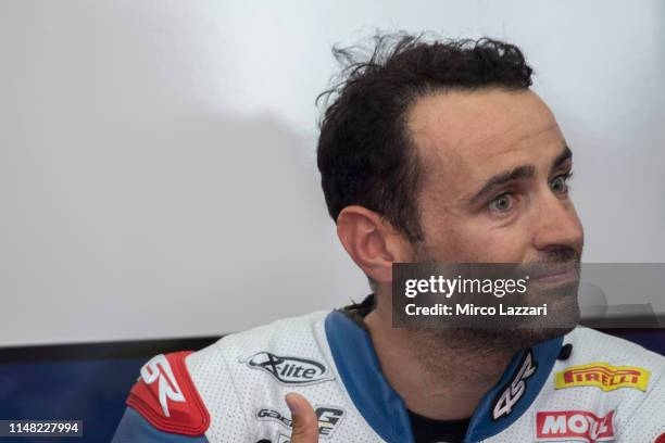 Hector Barbera of Spain and Team Toth by Millrace looks on in box during the FIM Superbike World Championship - Free Practice at Autodromo Enzo e...