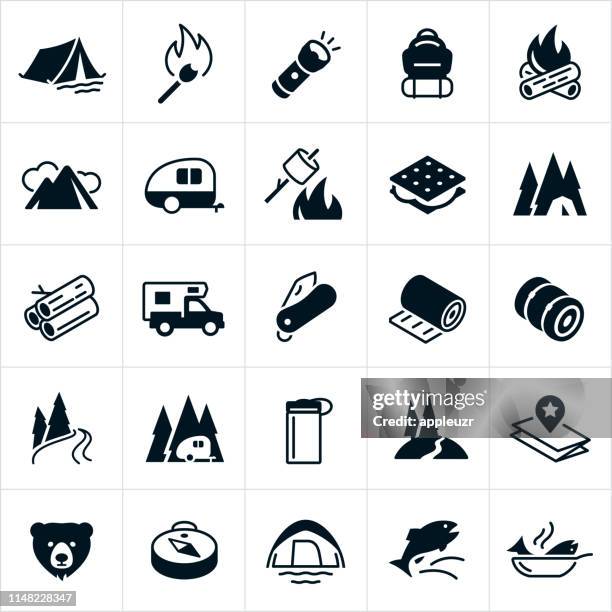 illustrazioni stock, clip art, cartoni animati e icone di tendenza di icone del campeggio - camping icons