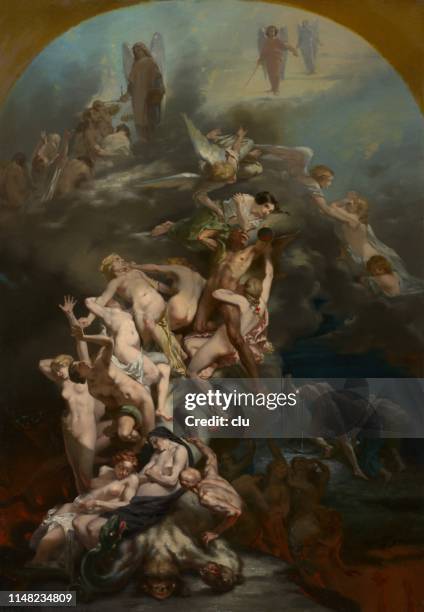 heaven and hell, good and evil struggle of a young woman - heaven hell stock illustrations