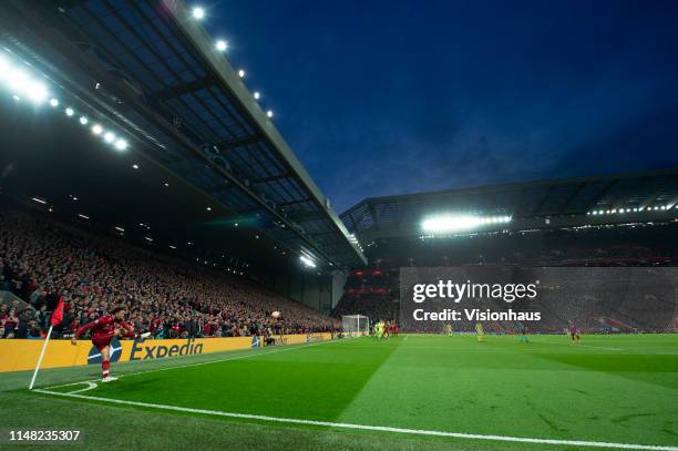 Trent Alexander-Arnold of Liverpool takes a corner at the Kop end during the UEFA Champions League Semi Final second leg match between Liverpool and...