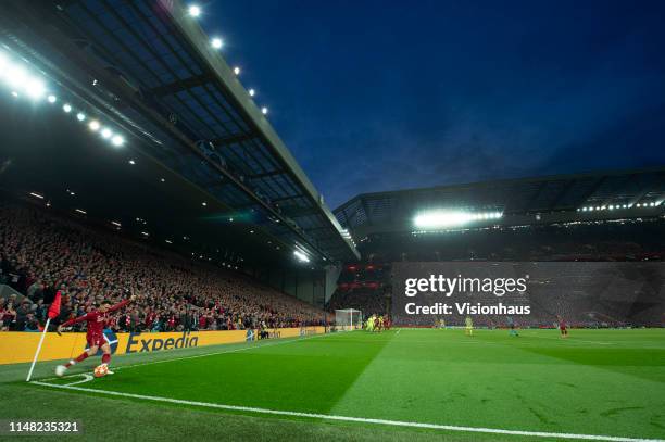 Trent Alexander-Arnold of Liverpool takes a corner at the Kop end during the UEFA Champions League Semi Final second leg match between Liverpool and...