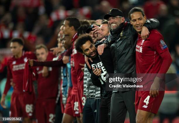 Liverpool manager Jurgen Klopp celebrates with his players after the UEFA Champions League Semi Final second leg match between Liverpool and...
