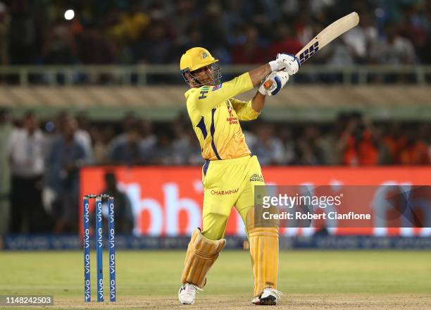 Dhoni of the Chennai Super Kings hits out during the Indian Premier League IPL Qualifier Final match between the Delhi Capitals and the Chennai Super...