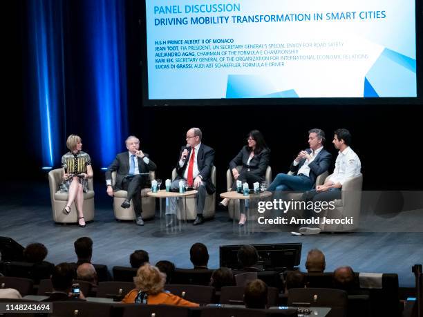 Edie Lush, Jean Todt, Prince Albert II of Monaco, Kari Eik, Alejandro Agag and Lucas di Grassi attend the FIA Smart Cities Talk at the Grimaldi Forum...