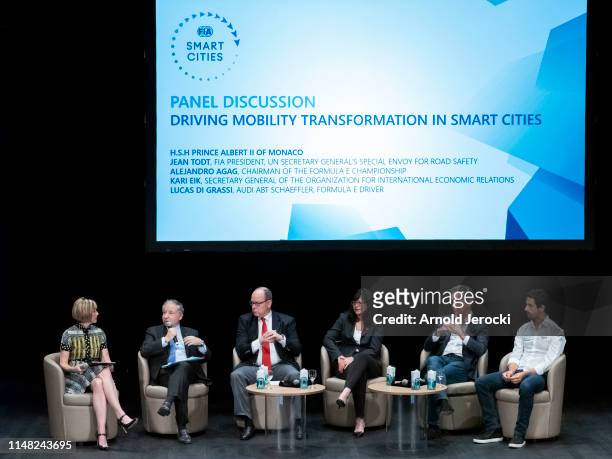 Edie Lush, Jean Todt, Prince Albert II of Monaco, Kari Eik, Alejandro Agag and Lucas di Grassi attend the FIA Smart Cities Talk at the Grimaldi Forum...