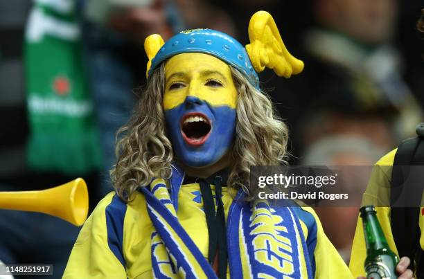 Clermont fan is pictured ahead of the Challenge Cup Final match between La Rochelle and ASM Clermont at St. James Park on May 10, 2019 in Newcastle...