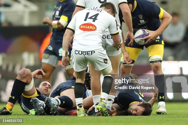 Morgan Parra, Captain of ASM Clermont lies injured during the Challenge Cup Final match between La Rochelle and ASM Clermont at St. James Park on May...