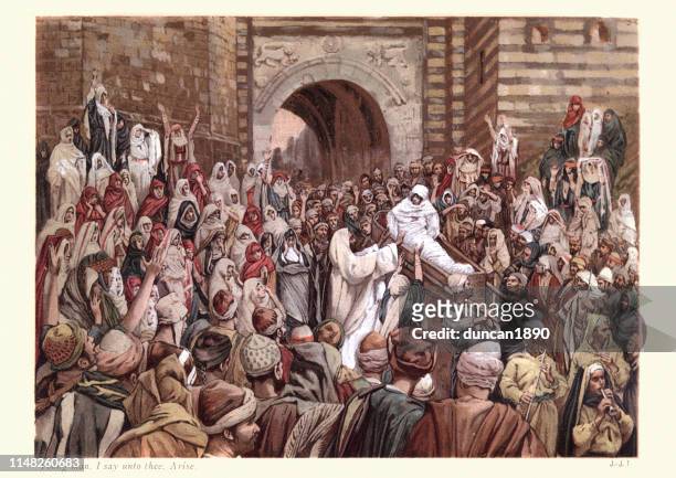 jesus raises a widow's son, i say to you, arise - resurrection religion stock illustrations